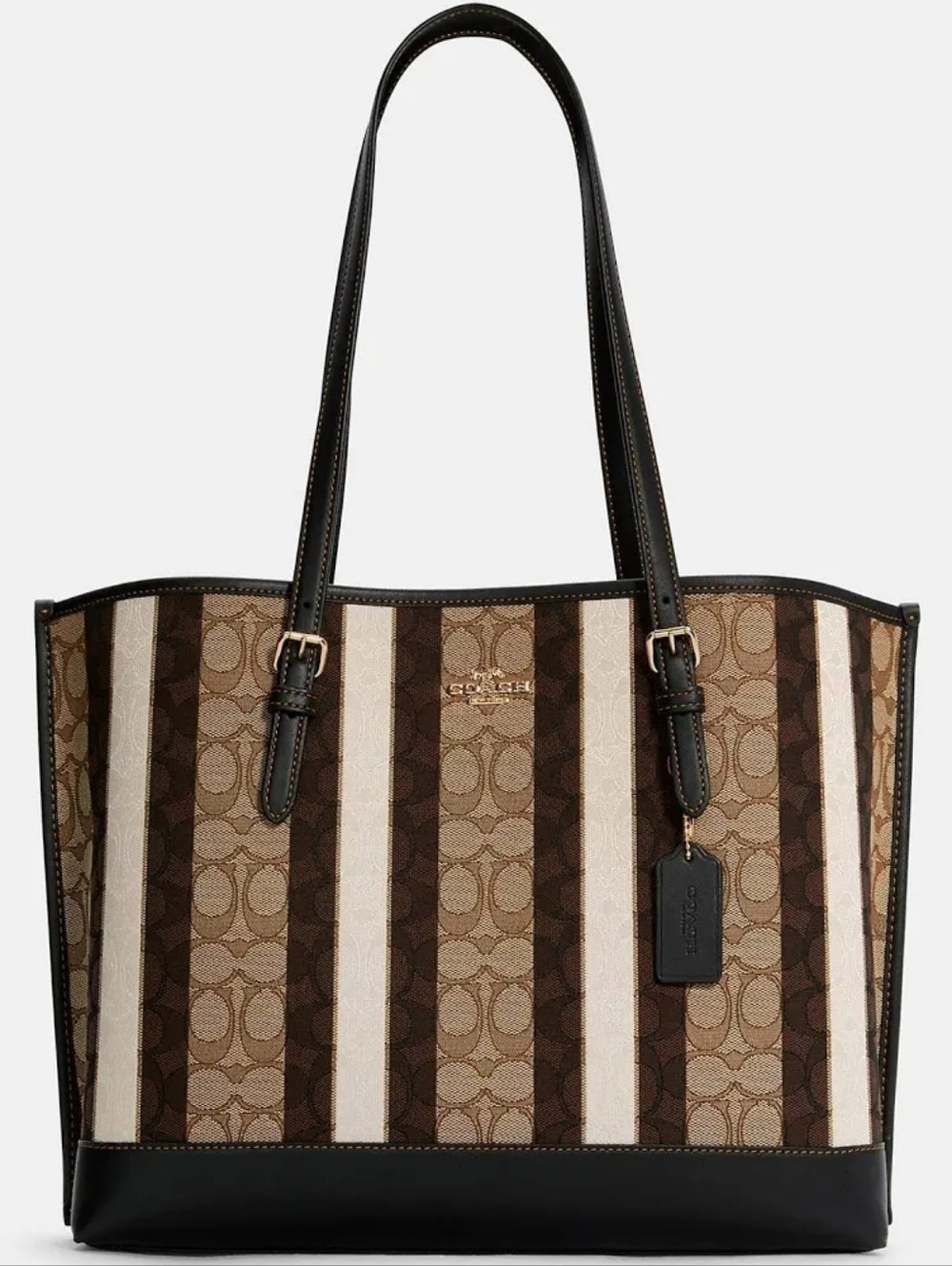New COACH Mollie Stripe Signature Tote Bag in Brown/Cream - Picture 2 of 3